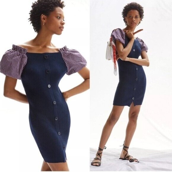 Maeve Dresses & Skirts - Maeve Anthropologie Puff Sleeve Mini Dress  Ribbed Knit Buttons Stretch LARGE